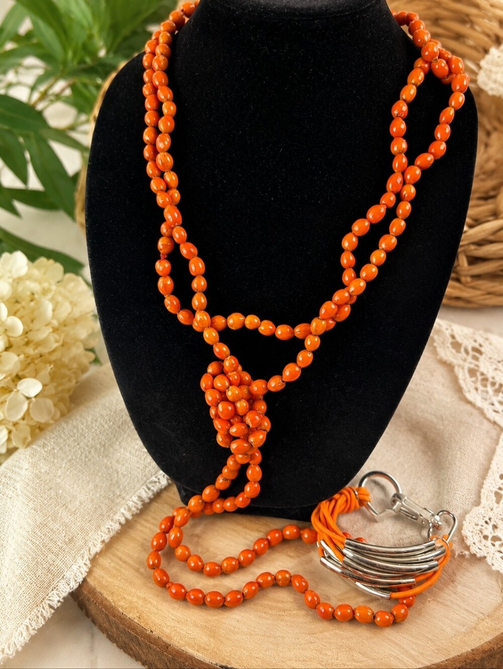 Boho Orange Seed Pod Necklace & Orange Cord Statement Bracelet Set